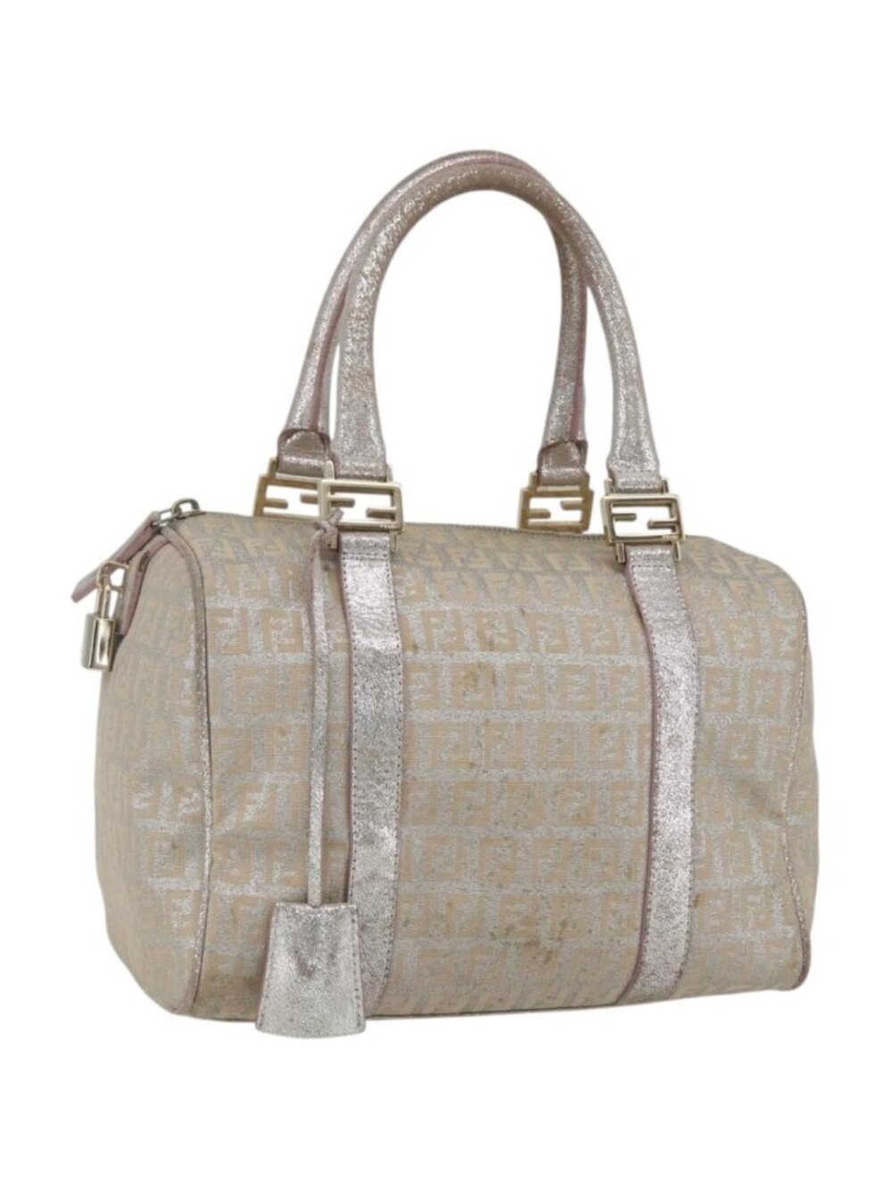 FENDI Zucchino Canvas Boston Bag Silver